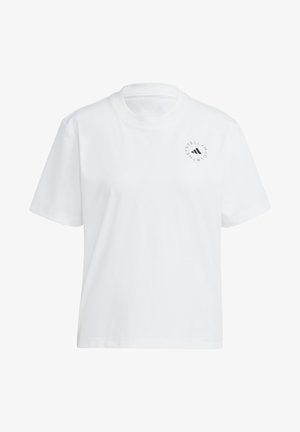 Weißes Baumwoll-T-Shirt mit rundem Halsauschnitt und kurzen Ärmeln. Verfügt über ein kleines schwarzes Logo auf der linken Brust. Einheitliche Farbe, glatte Textur.