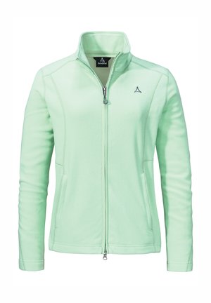 Hellgrüne Fleecejacke mit hohem Kragen, durchgehendem Reißverschluss und zwei seitlichen Taschen. Auf der linken Brust befindet sich ein kleines Logo.