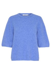Pull tricoté bleu clair en matériau doux, avec un col rond et des manches courtes et larges. Conception simple et décontractée.
