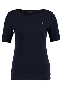 Navy blue short-sleeve T-shirt made of cotton, featuring a round neckline and a small embroidered logo on the left chest area.