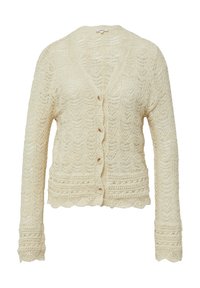Cremfarbener Strickcardigan mit strukturiertem Muster, gewelltem Saum und sechs vorderen Knöpfen. Lange Ärmel mit aufwendigen Stickdetails.
