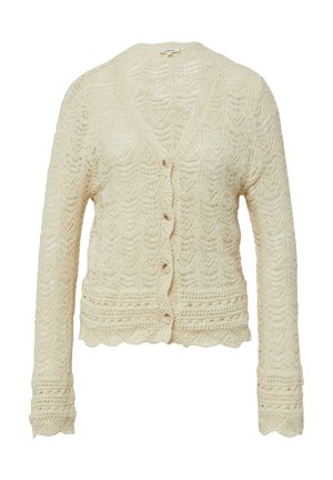 Cardigan en tricot crème présentant une texture à motifs, un ourlet festonné et six boutons à l'avant. Manches longues avec des détails de points complexes.