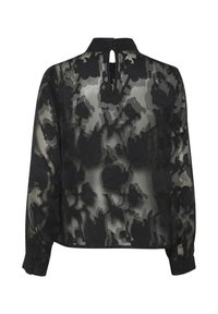 Blusa nera trasparente con motivo floreale, dotata di un collare alto e chiusura con bottoni sul retro. Maniche lunghe con polsini bottonati.