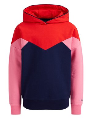 Sudadera con capucha con bloques de color en rojo, azul marino y rosa, con mangas largas y puños y dobladillo acanalados.