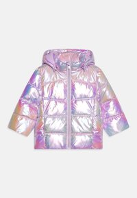 Iridescent oppustelig jakke med hætte, som har et quiltet design, korte ærmer og en frontlynlås i pastelfarver som lilla og pink.