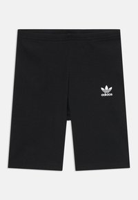 Fekete bordázott kerékpáros nadrág, pamut keverékből készült, bal lábszáron hímzett fehér Adidas logóval.
