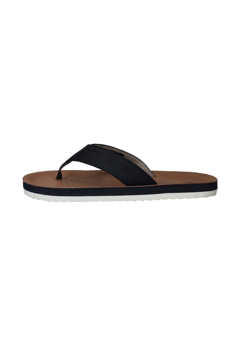 Zwarte flip-flop sandaal met een gestructureerde bovenband, bruine voetbed en witte rubberen outsole; ontworpen voor casual gebruik.