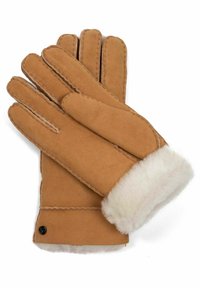 Braune Lederhandschuhe mit einem weichen weißen Fellbesatz, ausgestattet mit vier Fingern, sichtbaren Nähten und einem runden schwarzen Akzentknopf am Handgelenk.