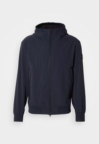 Navyblauwe hooded jack met een volledige rits aan de voorkant, elastische manchetten en zijzakken. Glad materiaal met een lichtgewicht, minimalistisch ontwerp.
