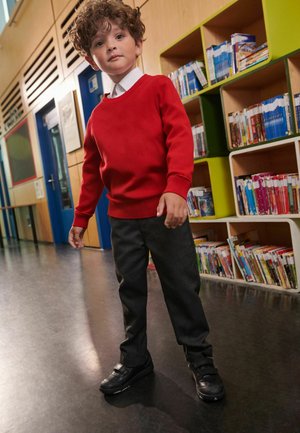 Bambino con un maglione rosso brillante, pantaloni grigi e scarpe nere. Sullo sfondo si possono vedere scaffali pieni di libri e pannellatura in legno in un ambiente scolastico.
