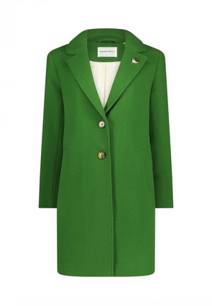Green wool coat with a structured collar, gold button closure, and two side pockets. Interior features a contrasting color lining.