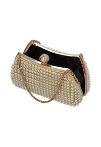 Perletaske med perlelignende tekstur, guldkæde-rem og dekorativt spænde. Indersiden er af sort stof.