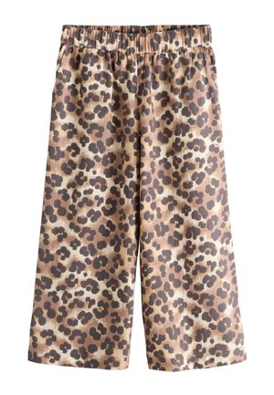 Losse broek met luipaardprint, elastische tailleband en brede pijpen in beige, bruin en zwart tinten.