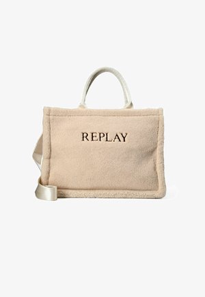 Beige rectangular tote bag with soft textured fabric, top handles, detachable shoulder strap, and "REPLAY" embroidered in black on front.