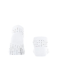 Chaussettes blanches à la cheville avec un motif à pois marron et gris. Bord élastique en haut avec le logo "Nike" imprimé en gris.