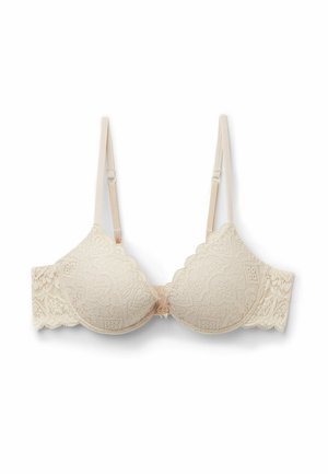 Beige kanten beha met golvende randen, beugelkappen, verstelbare banden en een bloemmotief. Gladde stofafwerking.