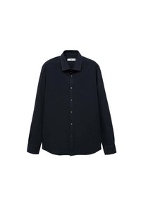 Maglietta nera a manica lunga con colletto a camicia e patta frontale con bottoni. Realizzata in tessuto dalla texture liscia.