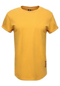 Short-sleeve, crew neck t-shirt in bright yellow cotton. Features rolled cuffs and a small brown logo patch near the hem.