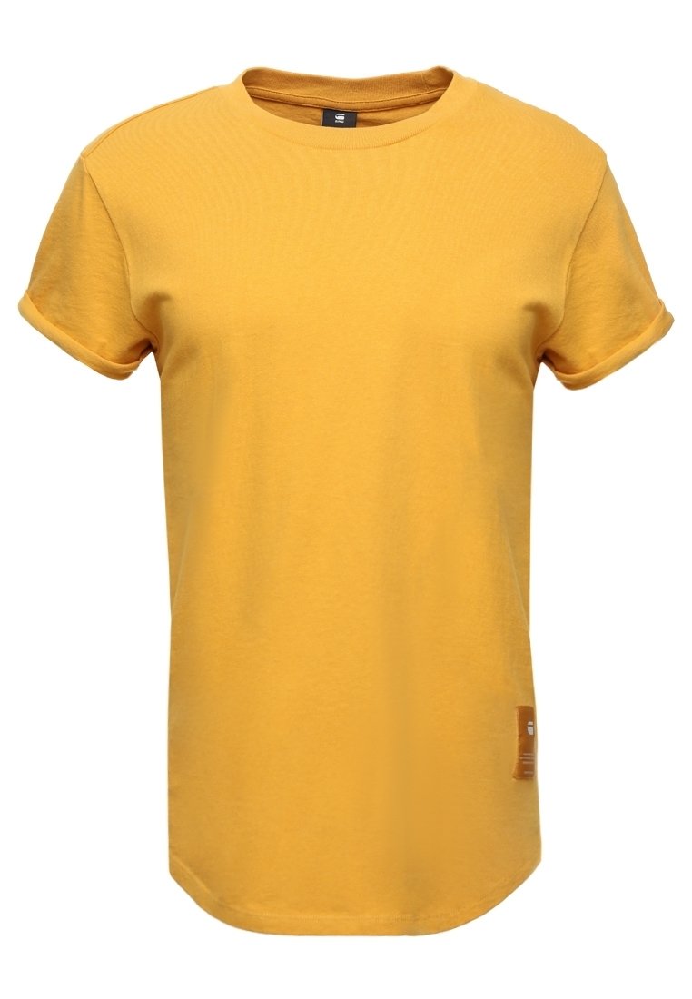 Short-sleeve, crew neck t-shirt in bright yellow cotton. Features rolled cuffs and a small brown logo patch near the hem.