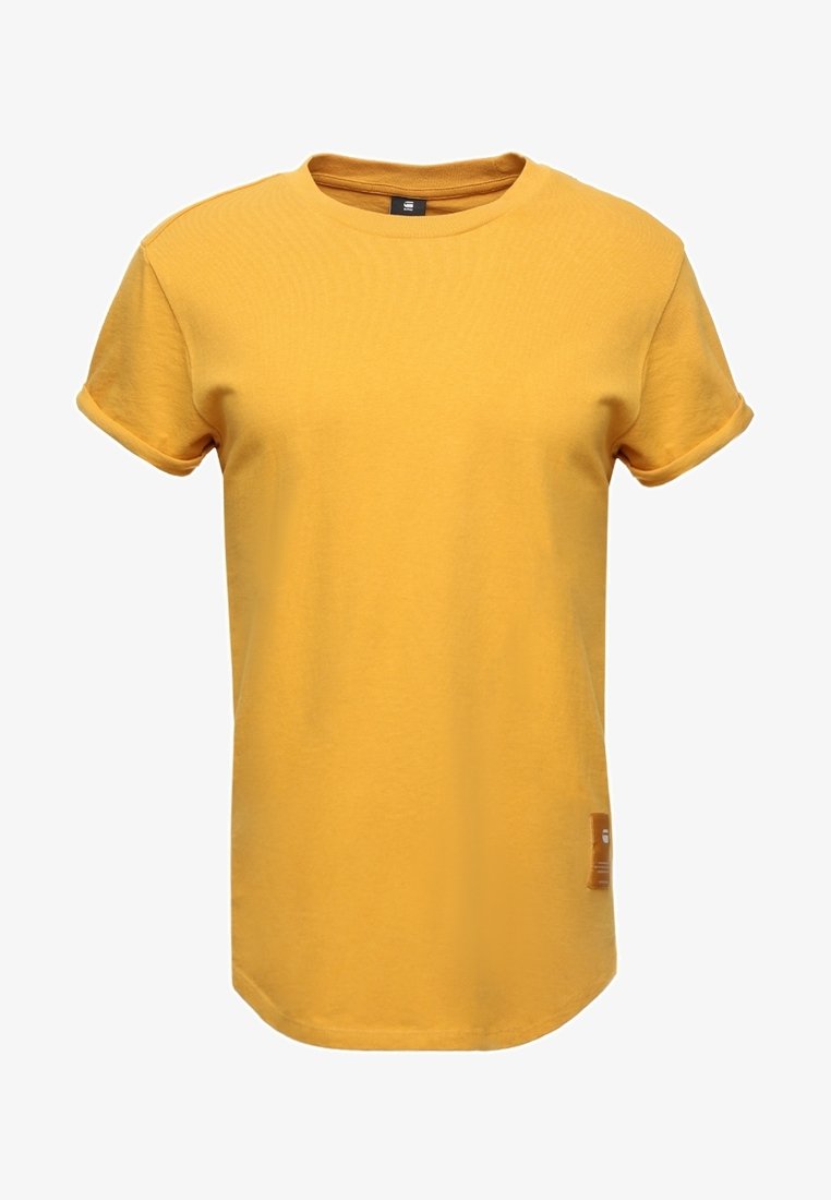 Short-sleeve, crew neck t-shirt in bright yellow cotton. Features rolled cuffs and a small brown logo patch near the hem.