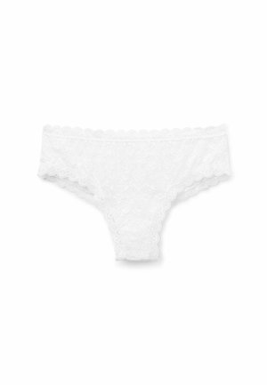 Witte kanten string met een golfvormige tailleband en bloemenpatroon. Zachte textuur, met ingewikkelde details in de hele stof.