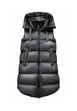 Zwarte mouwloze doorgestikte bodywarmer met hoge kraag, rits aan de voorkant en zijzakken, ontworpen voor koud weer.