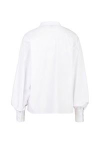 Witte button-up shirt met een kraag, pofmouwen en detailing aan de manchetten. Zachte textuur en ontspannen pasvorm met een effen achterkant.