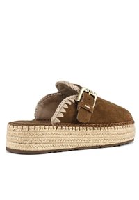 Brown suede slide sandal with braided trim, cushioned sole, and a decorative buckle on the strap. Jute-wrapped midsole.
