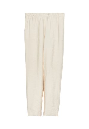 Pantaloni beige in lino dalla vestibilità ampia con vita elastica, gambe dritte e senza tasche o chiusure visibili.