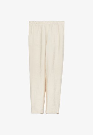 Locker sitzende beige Leinenhose mit elastischem Bund, geraden Beinen und ohne sichtbare Taschen oder Verschlüsse.