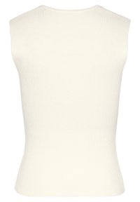 Biely bezrukávový rebrovaný top s okrúhlym výstrihom. Fitted silueta sa zužuje v páse, vyrobený z mäkkej, elastickej tkaniny.