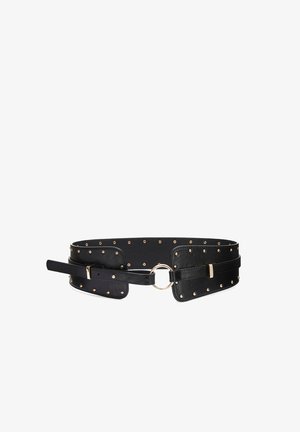 Black leather belt with gold studs, featuring a wide design, circular metal buckle, and an adjustable strap for a customized fit.