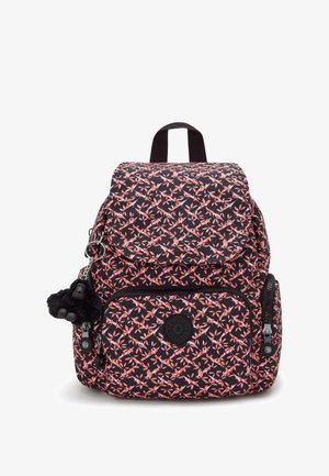 Black backpack with a floral pattern in pink and orange. Features a flap closure, front pocket, and a black plush keychain.