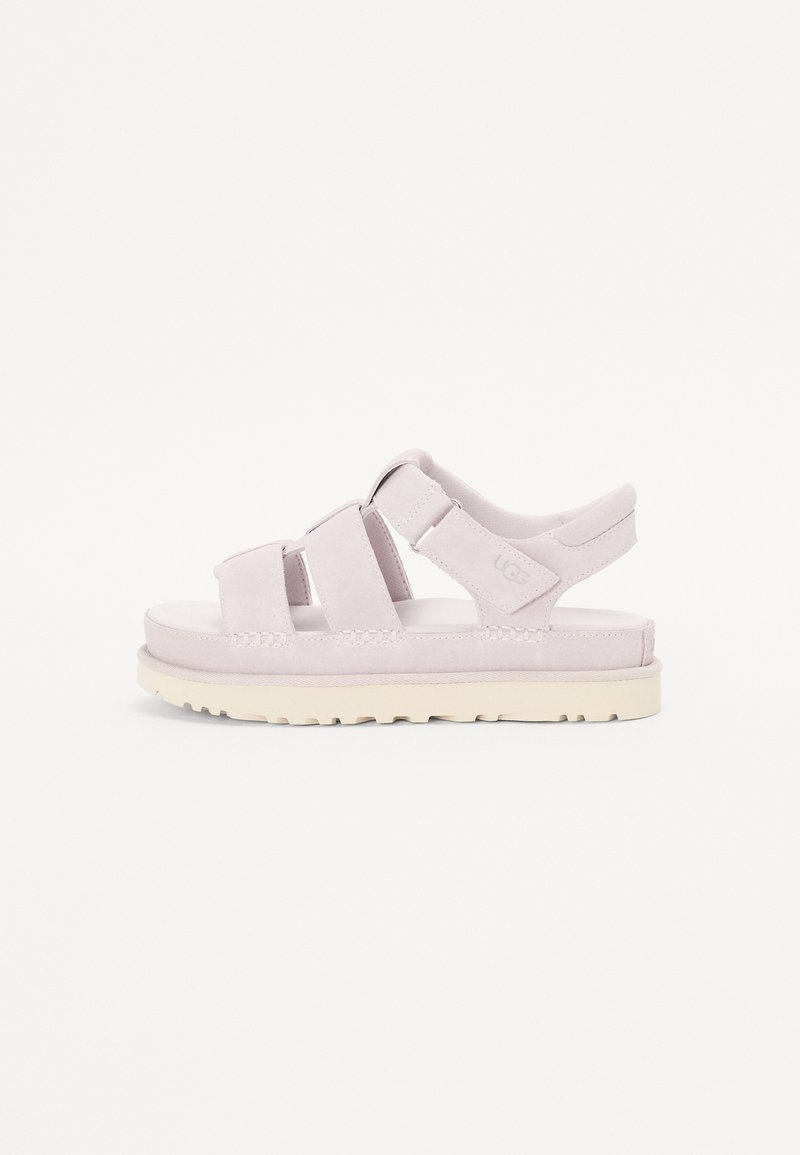 Lyserosa suede sandaler med tykke justerbare stropper, en polstret såle og en teksturert yttersåle. Minimalistisk design, uformell stil.