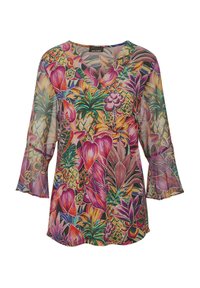 Transparante, levendige blouse met een bloemen- en tropisch patroon in tinten van roze, groen en geel. V-hals en klokmouwen.