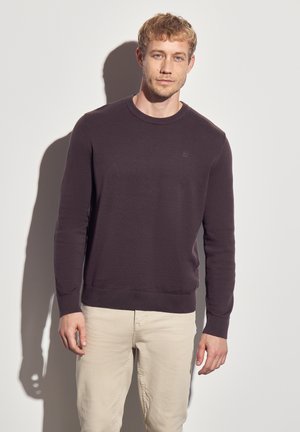 Pull sombre violet à col rond en tricot fin, avec des poignets et un ourlet côtelés. Petit logo sur la poitrine. Associé à un pantalon de couleur claire.