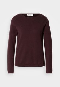 Pull à manches longues couleur brun foncé avec encolure ronde, silhouette ajustée, sans motifs ni ornements visibles.
