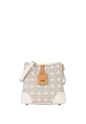 Sac à épaule blanc et beige à motif, avec bandoulière réglable, étiquette en cuir fauve et détails métalliques dorés.