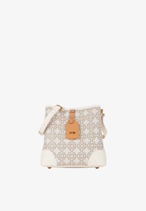 Sac à épaule blanc et beige à motif, avec bandoulière réglable, étiquette en cuir fauve et détails métalliques dorés.