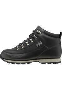 Botte de randonnée noire Helly Hansen de hauteur moyenne avec œillets métalliques, col rembourré et semelle robuste conçue pour une utilisation en extérieur.