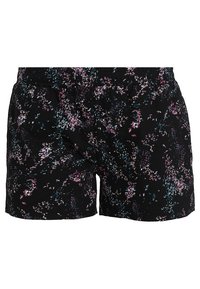Shorts noirs avec un motif floral comportant des accents roses et teal. Le tissu est doux avec une ceinture élastique pour le confort.