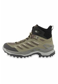 Scarpa da trekking alta in verde oliva e grigio, con pannelli in rete traspirante, punta rinforzata in gomma e battistrada profondo per una migliore aderenza.