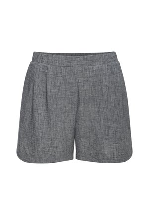 Grijze geweven stoffen korte broek met elastische tailleband en lichte plooien aan de voorkant, afgebeeld op een witte achtergrond.