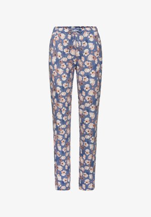 Bloemige pyjamabroek in lichtblauw met roze en witte bloemenpatronen. Voorzien van een elastische tailleband met een koord en taps toelopende benen.