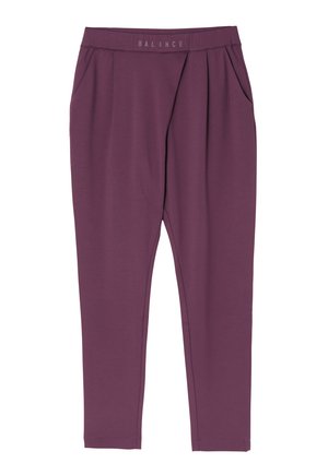 Pantaloni sportivi viola con vita elasticizzata, caratterizzati da pieghe davanti e gambe affusolate, realizzati in un tessuto morbido e elasticizzato.