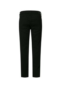 Black denim pants with a slim fit, featuring a mid-rise waist, back pockets, and minimalistic design. Soft texture and straight leg cut.