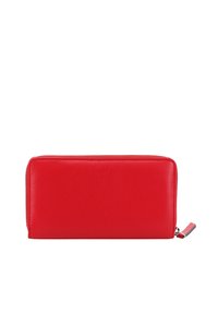 Red leather wallet with a smooth texture, rectangular shape, and zip closure. Features a small tag attached to the zipper.