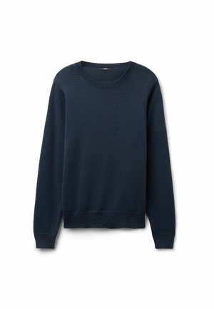 Granatowy sweter z dekoltem w kształcie litery O, długimi rękawami oraz ściągaczami na mankietach, dole i przy neckline, prezentowany na białym tle.