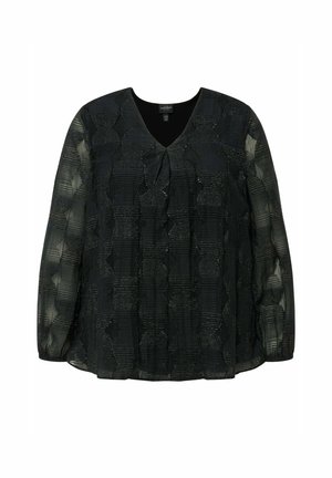 Blusa nera con scollo a V, maniche lunghe e un motivo testurizzato con linee orizzontali e verticali. Tessuto leggero con elementi trasparenti.