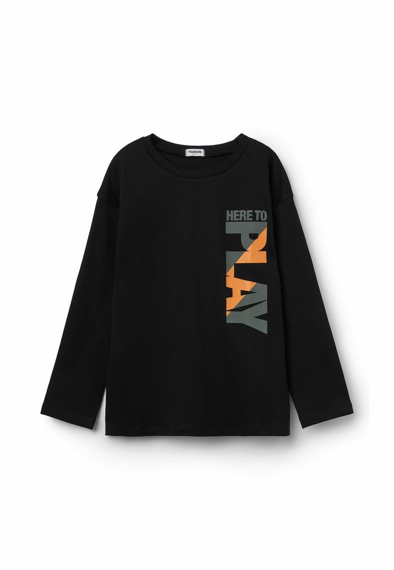 Schwarzes Langarm-T-Shirt aus Baumwolle mit einem grauen und orangen Grafikdruck und dem Text "HERUMSPIELEN" auf der Vorderseite.